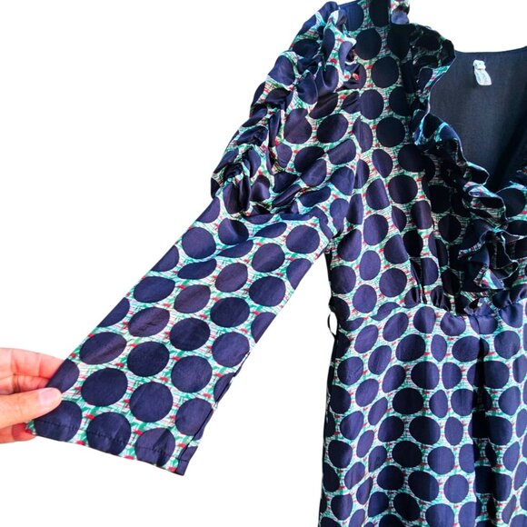 Tsumori Chisato Silk Ruffle Dress Navy Dot Print Size M Fits S Long Sleeve - Picture 10 of 16